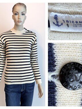 TRICOMER made France - Striped Blue and cream pure new wool breton nautical sz 1